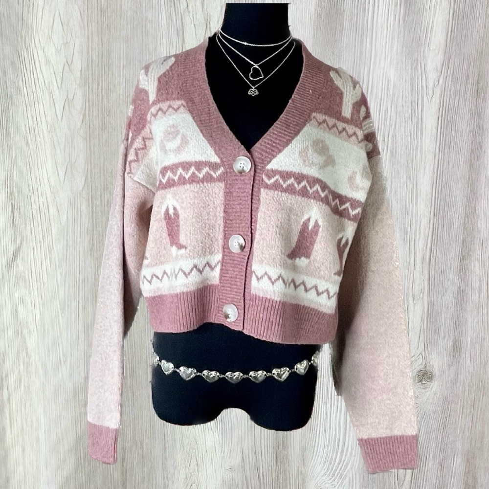 Debut Western Cowboy Scenic Cardigan - Pink & Beige - Size XS